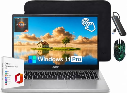 Image of Acer Aspire 3 15.6 inch Touchscreen Laptop, AMD Ryzen 5 7520U, 16GB LPDDR5 RAM, 1TB SSD, FHD IPS Display, Wi-Fi 6, USB-C, Windows 11 Pro, Office 2021, Mouse & Hub