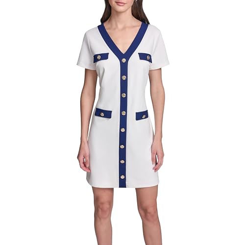 Image of Karl Lagerfeld Women's Short Sleeve V Neck Scuba Crepe A-line Contrast Framing Dress