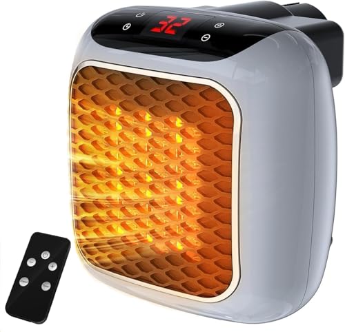 ZUSKYZU Eluttag, värmefläkt med fjärrkontroll, minikeramisk värmefläkt, badrum, energibesparande, tyst uppvärmning, 1 200 W, värmevärmare med 12 timmars timer, termostat