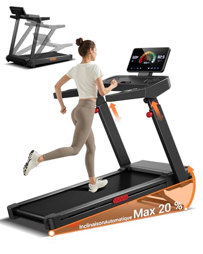 CURSOR Tapis de Course avec Inclinaison Automatique de 20%, 14KM/H Tapis Roulant Pliable avec Console Réglable sur 4 Niveaux, 3,5CV Treadmill Home avec...