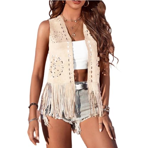 Women's Cowgirl Western Faux Suede Tassel Jacket shawl Fringe Vest 60s 70s Hippie Vest Open Front Sleeveless Cardigan