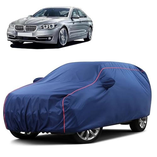 Image of Sulfar 100% Water Resistant Car Body Cover Compatible with Mirror for BMW 520i (Triple Stitched, Full Bottom Elastic, Blue Taffeta with Red Piping)