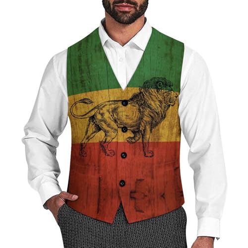 Jamaican Rasta Lion Wooden Flag Formal Suit Vest for Men with Pockets for Business Casual Dress Tuxedo Slim Fit