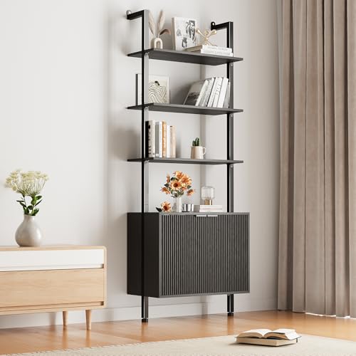 INNOD 74' Tall Bookshelf with Storage Cabinet, Modern Ladder Shelf with Wood and Metal Frame, Wall Mount Bookcase Open Display Shelf Furniture for Living Room, Bedroom, Home Office，Black