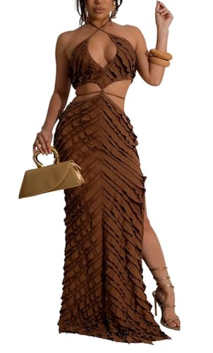 Image of Aro Lora Womens Sexy Halter Neck Criss Cross Pleated Hollow Out Side Slit Bodycon Maxi Dress Small Brown