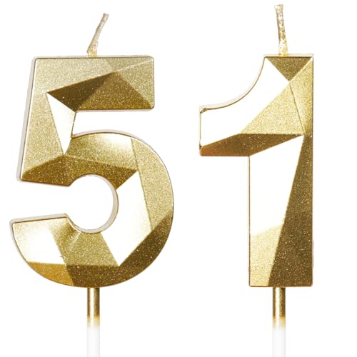 Bougies d'Anniversaire 51 Ans Dorées - Numéro 51 Or - Bougies Dorées pour Gâteau - Décoration de Fête Brillante - Anniversaire, Mariage, Fête, Cérémonie