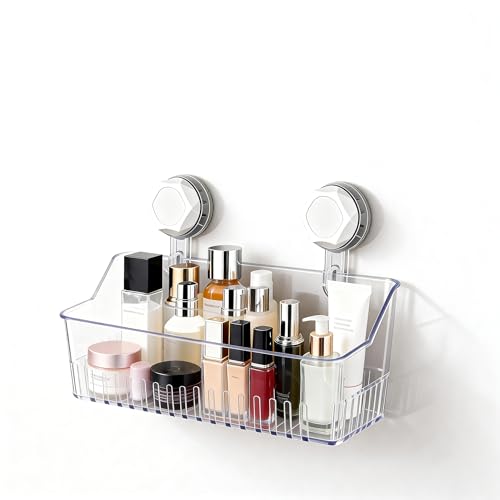 CNXINBAYOU No Drill Bathroom Suction Storage Box Strong Load-Bearing Shower Caddy Suction Cup Storage Rack with Drain Holes Removable Hanging Wall Mount Shower Caddy Organizer for Bathroom Kitchen
