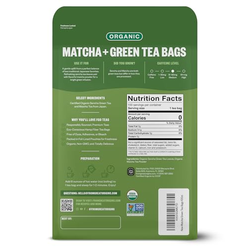 Image of FGO Organic Japanese Matcha + Green Tea, 100 Count, Eco-Conscious Tea Bags, Resealable Bag, Packaging May Vary (Pack of 1)