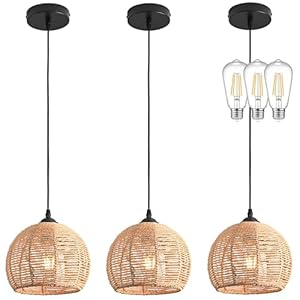 3 Pack Wicker Pendant Light Natural Woven Pendant Light Boho Chandelier Light Fixture Dome Rustic Farmhouse Pendant Lights Rattan Light Fixture for Dining Room Kitchen Island (Bulb Incl.)