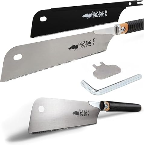 Clarke Brothers Japanese style Pull Saw Set of 2 – Kataba & Dozuki 10 Inch Blades with 1 Rattan Wooden Handle – Silver and Black Steel Blades, 14 TPI & 21 TPI – Woodworking Hand Saw Kit Cover