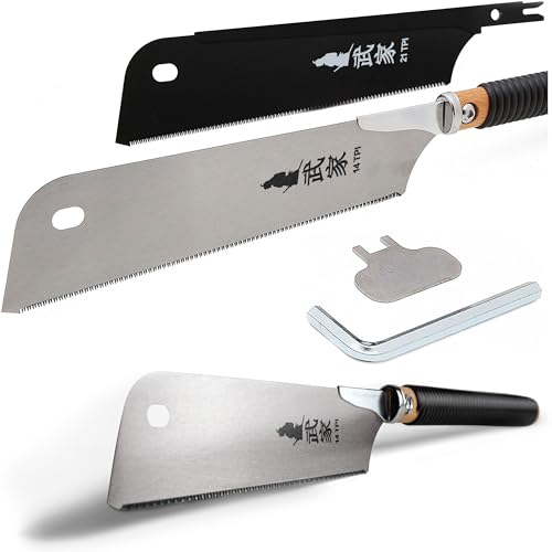 Clarke Brothers Japanese style Pull Saw Set of 2 – Kataba & Dozuki 10 Inch Blades with 1 Rattan Wooden Handle – Silver and Black Steel Blades, 14 TPI & 21 TPI – Woodworking Hand Saw Kit
