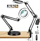 12-fache Lupe mit Licht und Ständer, beleuchtete Lupenlampe aus echtem Glas, 5 Farbmodi und stufenlose Dimmbarkeit, freihändige Schreibtischlampe zum Lesen, Malen, Basteln und für Naharbeiten