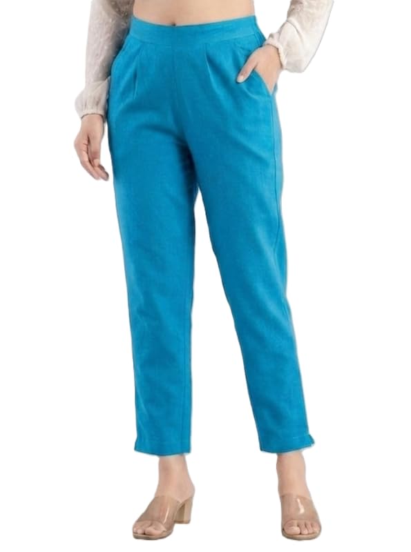 Image of Solid Cotton Woman Trousers Pants Regular Fit Kurti Pant with Drawstring Daily Office Formal Casual Use