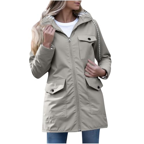 Women's All-Season Rain Jacket Waterproof | Hooded Lightweight Windbreaker with Striped Lining for Outdoor & Travel A01 Gray Medium