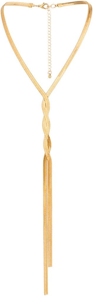 Long Necklaces for Women Trendy Twisted Snake Chain Necklace Gold Statement Necklace Lariat Y Herringbone Necklace