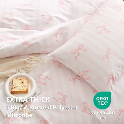 Image of Bow Duvet Cover Full Size Pink Striped Bowknot Bedding Set Kids Girls Cute Bows Vertical Stripes Soft Breathable Microfiber Comforter Cover Set with Zipper Closure and 2 Pillowcases