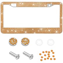 Ohleats Car License Plate Frame, Sparkling Stainless Steel License Plate Frame, Bling Diamond License Plate Holder Cover for Women Men, Universal Exterior Car Accessories Golden