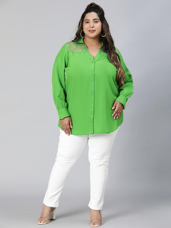 Image of oxolloxo Women Plus Size lace Detailed Collared Long Sleeve Shirt