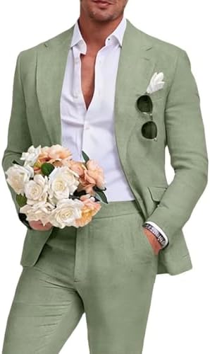 Beige Men's Linen Suit 2 Piece Slim Fit Summer Beach Wedding Dres...