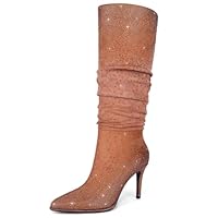 RONILURN Womens Rhinestone Knee High Boots Sparkly Slouchy Tall Boots Pointed Toe High Heel Wide Calf Glitter Stiletto Boot for Women, Brown, 5 UK