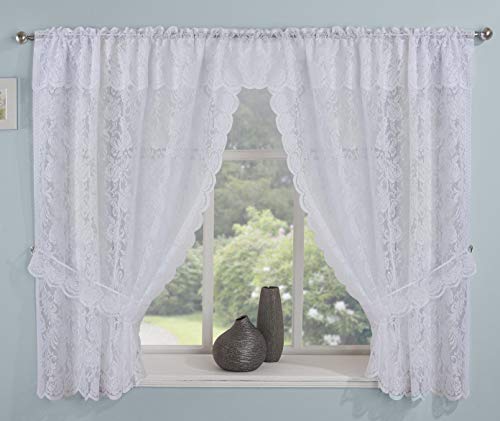 Maple Textiles Victorian Lace Floral Pattern Window Curtain Net Set in White with Attached Pelmet/Valance Tiebacks Included 110 Width x 54 Drop (280 cm x 137 cm)