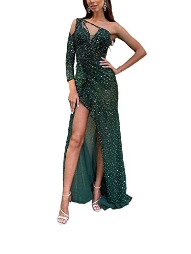 MABIBI long skirts Women's One Shoulder With Slit Sequin Cocktail Maxi Dress Wedding Evening Party Dress