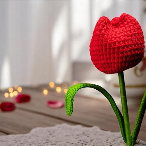 Image of Tulip Crochet Flowers | Handcrafted Artificial Faux Woolen Flower with Long Stem | Natural Looking Knitted Flower for Home, Living Room, Vase & Bouquet Decoration & Gifting | Red- 2 Pcs