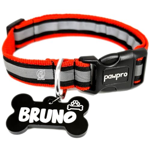 Image of PAWPRO HANDMADE Nylon Reflective Dog Collar With Customizable Bone-Shaped Tag Adjustable For Safety And Comfort, Fits 35-50 Cm Neck Black (Red, Medium)