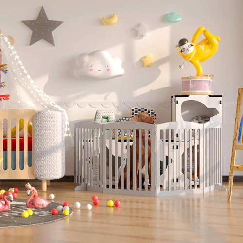 Image of Modern Freestanding Dog Gate, Extended Wide 244 cm Wooden Pet Gate, Accordion Folding Wooden Fence Baby Safety gate, 2 Support Feet Included (Grey, 4 Panel)