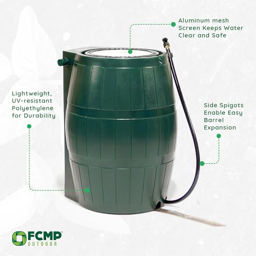 Image of FCMP Outdoor Raincatcher, Flat-Back Rain Barrel with Spigots, 50 Gallon, Green