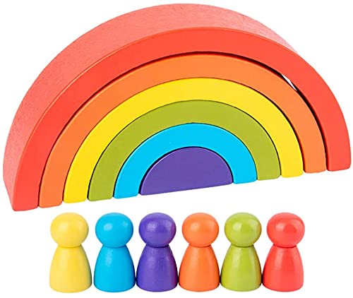 Alyasameen12 PCS Wooden Stacking Toys for Toddler Rainbow Stacker Toys Building Color Cognitive Geometric Blocks Set Rainbow Montessori Preschool Educational Toys for Boys and Girls