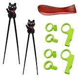 2 Paar Essstäbchen Kinder, Essstäbchen Süße Lucky Cat, Stäbchen Kinder Wiederverwendbare Rutschfeste, mit 2 Paar Fingermanschette, 1 Essstäbchenhaltern, für Ramen Asiatische Geschirr