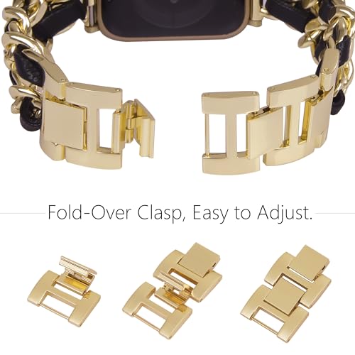 LOFOV Compatible With Apple Watch Band for Woman 42mm 44mm 45mm 49mm, Metal Strap Leather Over Gold Chain Cowboy Style Replacement iWatch Series 9 8 7 6 5 4 3 2 1 SE (Gold Link with Black Leather) by LOFOV - Used condition - Image 3