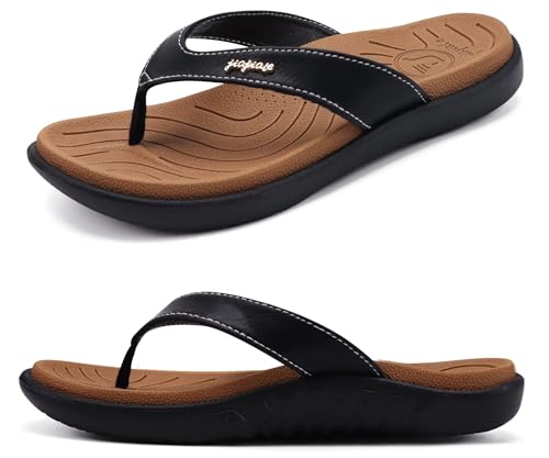 jiajiale Womens Fashion Orthotic Flip Flops Ladies Lightweight Comfortable Thick Cushion Support Yoga Mat Thong Sandals With Plantar Fasciitis Slip On Outdoor for Summer Khaki Black UK6.5