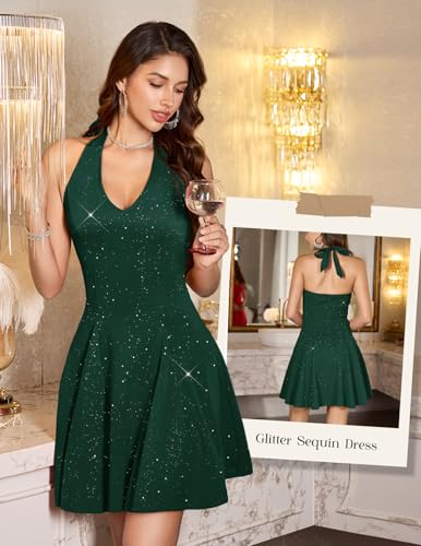 Image of HomRain Glitter Sparkle V Neck Cocktail Dress for Women 2026 A Line Backless Halter Sequin Homecoming Evening Party Dresses