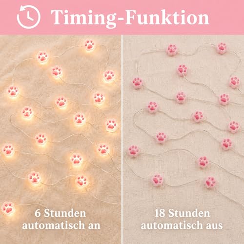 2M 20 Led Katzenpfoten Lichterkette mit Timer, Batteriebetrieben, Katzenpfote Lichterketten, Warmweiß Lichterketten Katze Deko für Kinderzimmer, Babyzimmerdeko, Partysdeko, Außen Und Innen – Bild 3