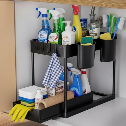 MAXALANCE Organizador de cocina para debajo del fregadero, 2 niveles, almacenamiento de baño, organizador de armario de cocina, estante debajo del fregadero, organización del hogar para armario