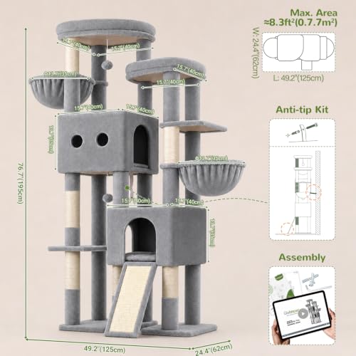 Image of Globlazer Sturdy Cat Tower for Indoor Cats 20lbs, 76in, S76E, Light Grey | Heavy Duty Cat Tree for Adult Big Cats Maine Coon with Scratching Post, 2 Extra Large Top Perch, 2 Padded Cat Condos
