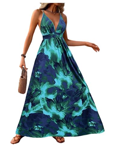 Image of MakeMeChic Women's Boho Maxi Dress Summer Luau Outfits Beach Wedding Guest Backless Sundress Flowy Resort Wear