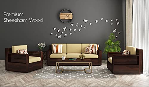 Image of Solid Sheesham Wood 5 Seater Sofa Set | Wooden 3+1+1 Seater Sofa Furniture for Living Room Hall Hotel Office (Walnut Finish)