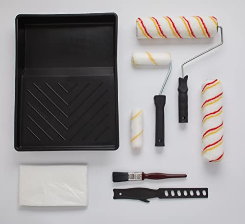 Fit For The Job 10-teiliges Heimdekorationsset, Farbroller- und -wannen-Set mit Pinsel, Staubschutzfolie, Rührer – Rollenset sowie Mini-Roller zum Auftragen von Dispersionsfarbe an Wänden und Decken