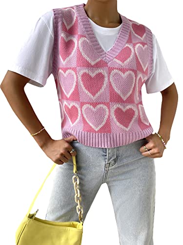 Sweatyrocks Women's Sleeveless V Neck Color Block Sweater Printed Vest Crop Tank Top Knitwear Pink S #TOP3