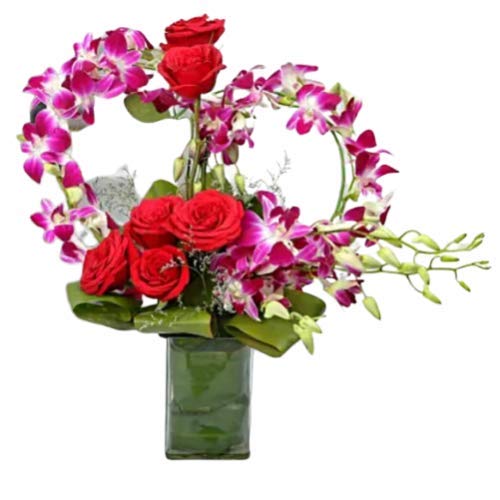 Floralbay Valentine's Day Special Fresh Flowers Glass Vase Arrangement of 6 Red Roses and 6 Purple Orchids (Bunch of 11)