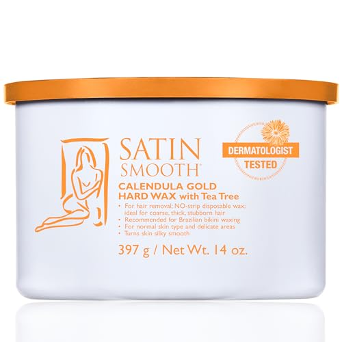 Satin Smooth Calendula Gold® Hard Wax with Tea Tree Oil, Hair Removal Wax for Sensitive Skin, Ideal for Face & Bikini Areas, Waxing Kit, 14oz