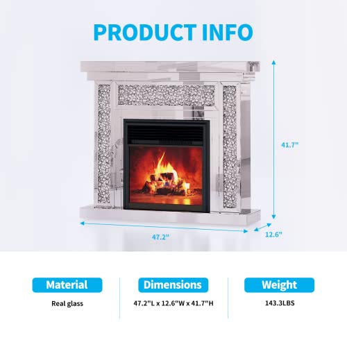 Mjkone Mirrored Fireplace, Fire Place With Remote Controller, Fireplace Heater For Living Room, Fireplaces Heaters For Indoor Used, 3D Flame, 750W & 1500W (47.24" L X 12.6" W X 41.33" H) #TOP5