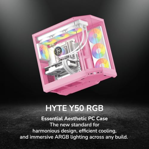 Image of HYTE Y50 RGB Essential Aesthetic Gaming PC Case - 4 aRGB Fans (1x 120mm + 1x 360mm Reverse) - Dual Chamber ATX Desktop Chassis - Rear Connect Motherboard Compatible - Strawberry Milk (Pink)
