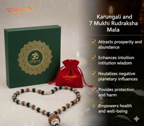 Image of Original Karungali & Rudraksha Mala | 54 Beads with 7 Mukhi Powerful Rudraksha Pendant | Govt. Lab Certified | Silver Capped Natural Energy Mala for Positivity, Protection & Spiritual Growth