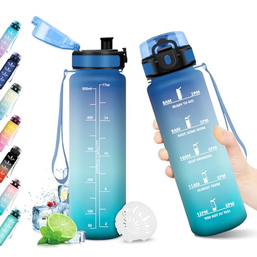 Trinkflasche 500ml, BPA-frei, Wasserflasche mit Filter und Zeitmarkierung, Auslaufsicher, Trinkflasche Kohlensäure Geeignet, Wasserflasche für Kinder, Gym, Camping, Wandern, Fahrrad, Yoga, Sport