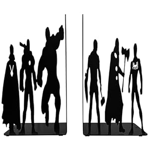 Superhero Metal Bookends, 8 inch Height, 11 inch Width, 4 inch Depth, Black Powder Coated, 3 lbs, Decorative Bookends for Shelves