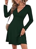 LIAMERHE Robe Femme Manches Longues Col V Elegant Robes Automne Rayures Verticales Robe Décontractée Printemps A-Line Casual Robe pour Hiver Vert M
